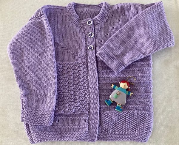 Mauve Cardigan knitted in multi pattern with buttons down the front for ages 5-6 years
