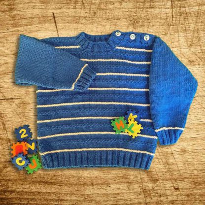 Hand knitted royal blue, round neck jumper with cream stripes