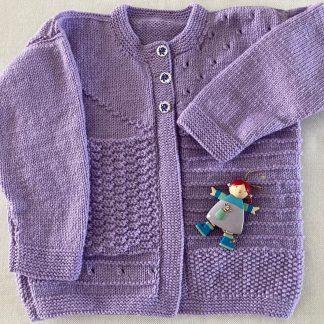 Mauve Cardigan knitted in multi pattern with buttons down the front for ages 5-6 years