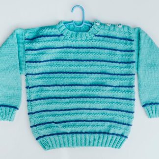 Turquoise jumper with purple striping contrast