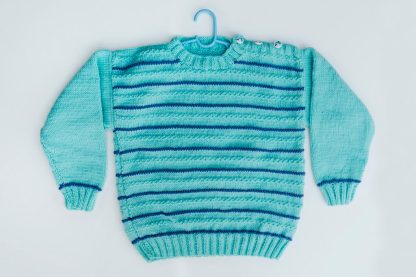 Turquoise jumper with purple striping contrast