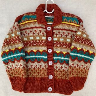 Hand knitted Fair Isle button down cardigan in brown, green, yellow, white and beige for very cold days