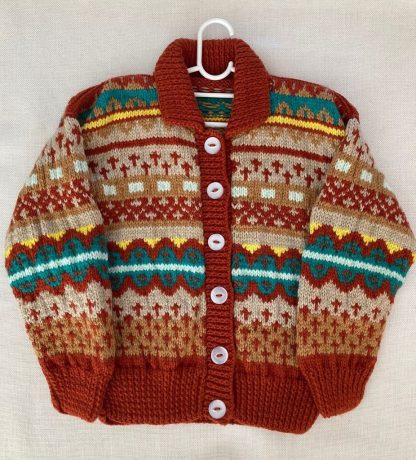 Hand knitted Fair Isle button down cardigan in brown, green, yellow, white and beige for very cold days