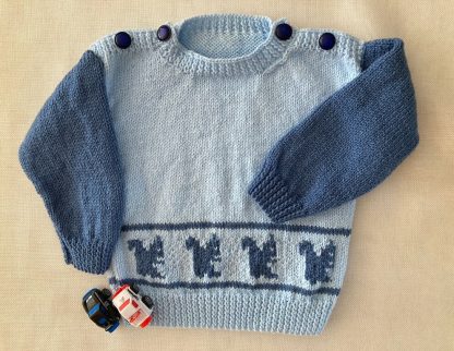 Hand knitted jumper in blue yarn crafted in delightful dark blue squirrels marching across Round neck Buttons on shoulder both shoulders Long sleeves Ribbing around neckline, cuffs and hem 100% Acrylic yarn Completed garment measurements: Chest all around: 62cm Length, shoulder to hem ribbing: 33cm Sleeve seam length: 23cm