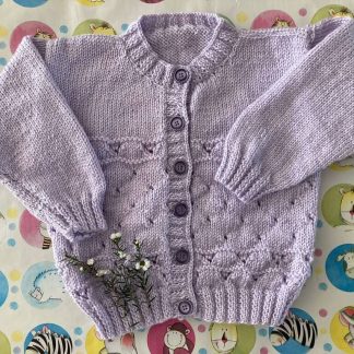 Hand knitted lilac cardigan with a lace pattern and 6 buttons