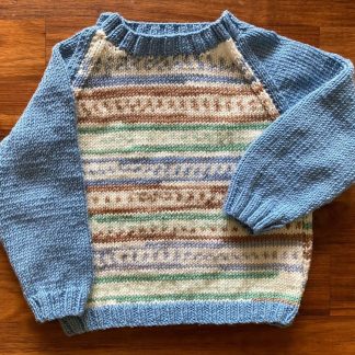 Hand knitted Fair Isle jumper in blue, green and a soft brown Round neck Long sleeves Ribbing around neckline, cuffs and hem Knitted in the softest acrylic yarn that feels like Cashmere