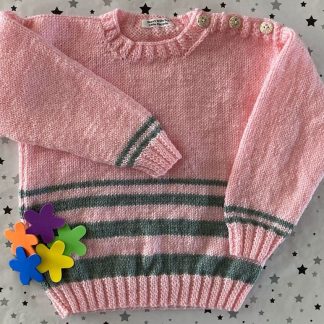 Pink jumper with sage stripes as contrast for ages 3-4 years