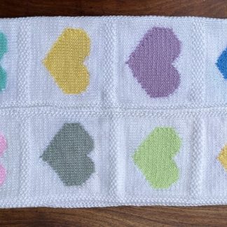 Beautiful hand knitted baby’s blanket, featuring heart motives in various pastel colours Keeps your little one warm and snug Crafted with care, using high quality yarn 100% super soft Acrylic yarn