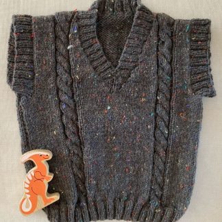 Hand knitted charcoal jumper flecked to give it a tweed effect V- neck Ribbing around neckline, armhole and hem Lovely softwool blended yarn 91% Acrylic, 5% Wool, 5% Viscose