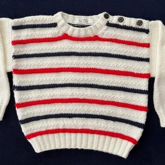 White patterned jumper with blue and red striping contrast for ages 3-4 years For boys and girls Available on order in sizes and colours of your choice