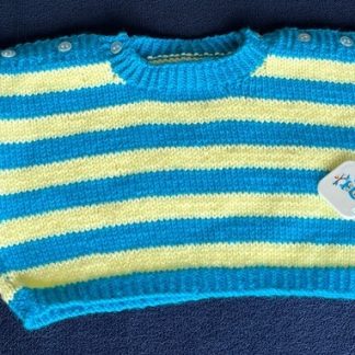 Hand knitted blue and yellow sassy striped cropped jumper Round neck Buttons on both shoulders. Long sleeves Ribbing around neckline, cuffs and hem 100% Acrylic yarn Completed garment measurements Chest all around: 68cm Length, shoulder to hem ribbing: 20cm Sleeve seam length: 20cm