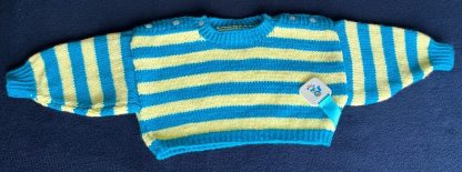 Hand knitted blue and yellow sassy striped cropped jumper Round neck Buttons on both shoulders. Long sleeves Ribbing around neckline, cuffs and hem 100% Acrylic yarn Completed garment measurements Chest all around: 68cm Length, shoulder to hem ribbing: 20cm Sleeve seam length: 20cm